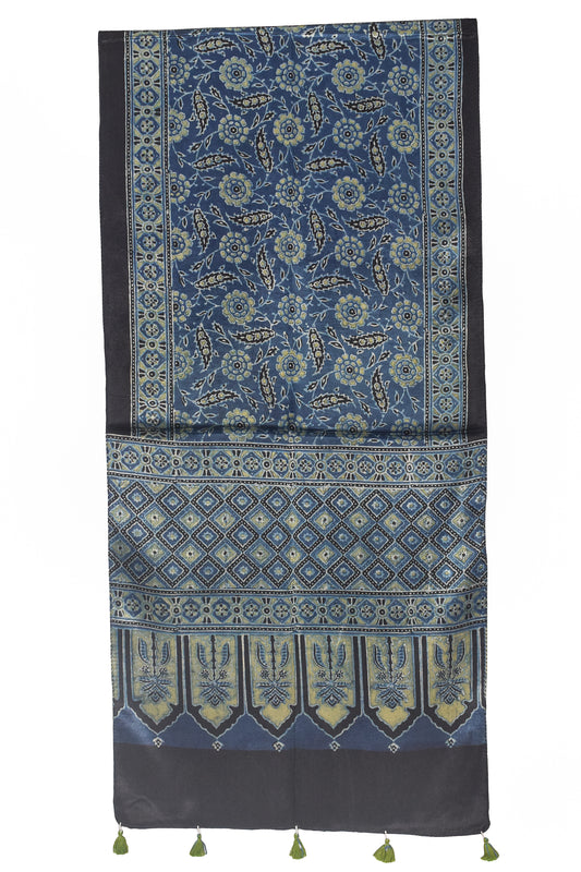 Ajrakh Mashru Silk Natural Dye Hand Block Print Stole With Tassels - 2 Mtr Length    -  SKU : AI21702A
