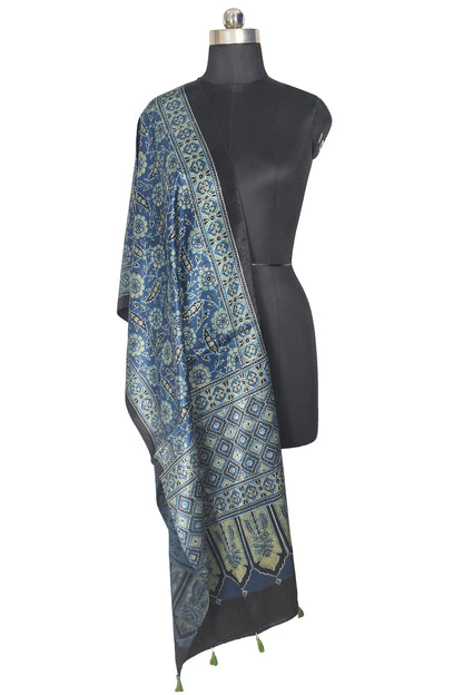 Ajrakh Mashru Silk Natural Dye Hand Block Print Stole With Tassels - 2 Mtr Length    -  SKU : AI21702A