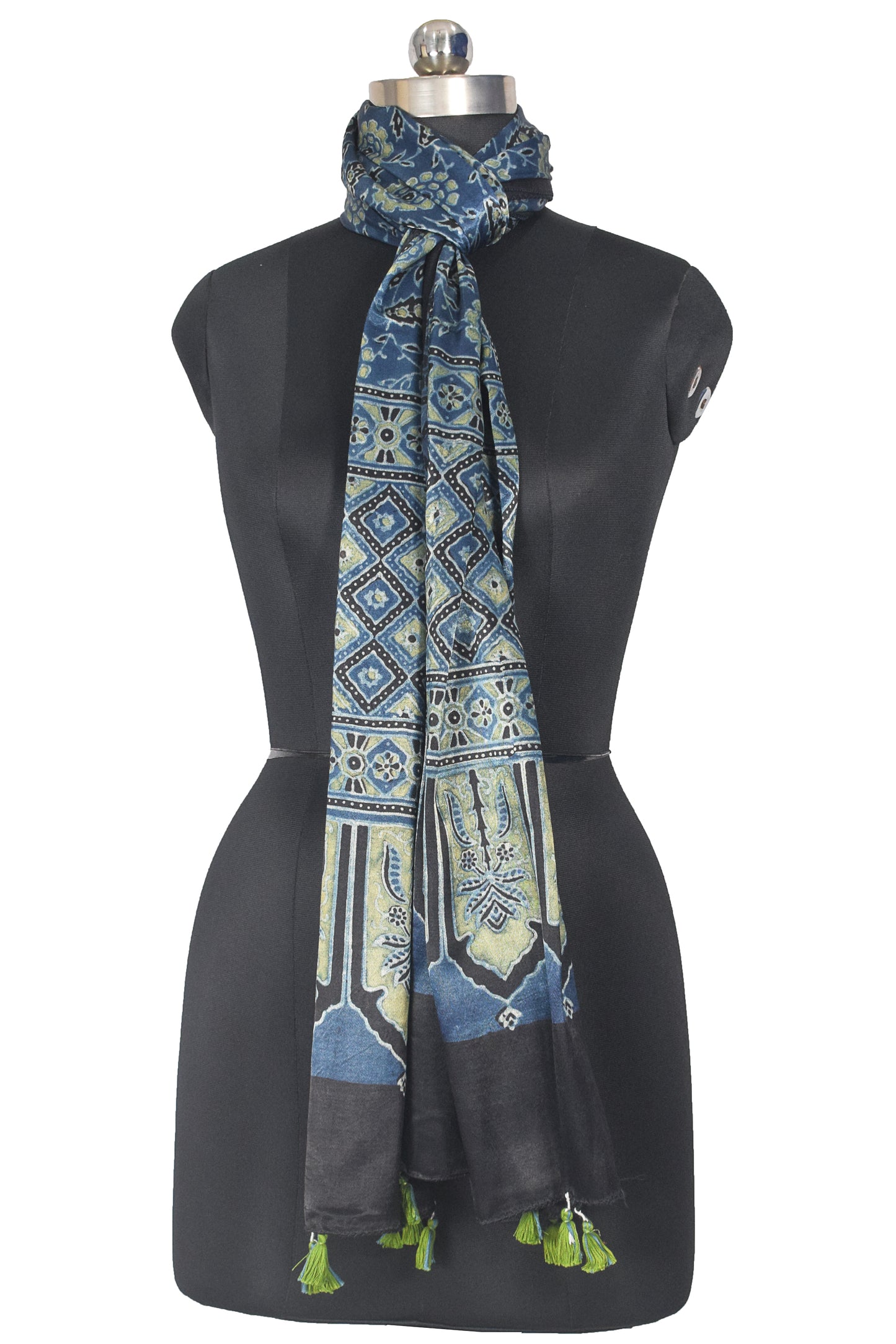 Ajrakh Mashru Silk Natural Dye Hand Block Print Stole With Tassels - 2 Mtr Length    -  SKU : AI21702A