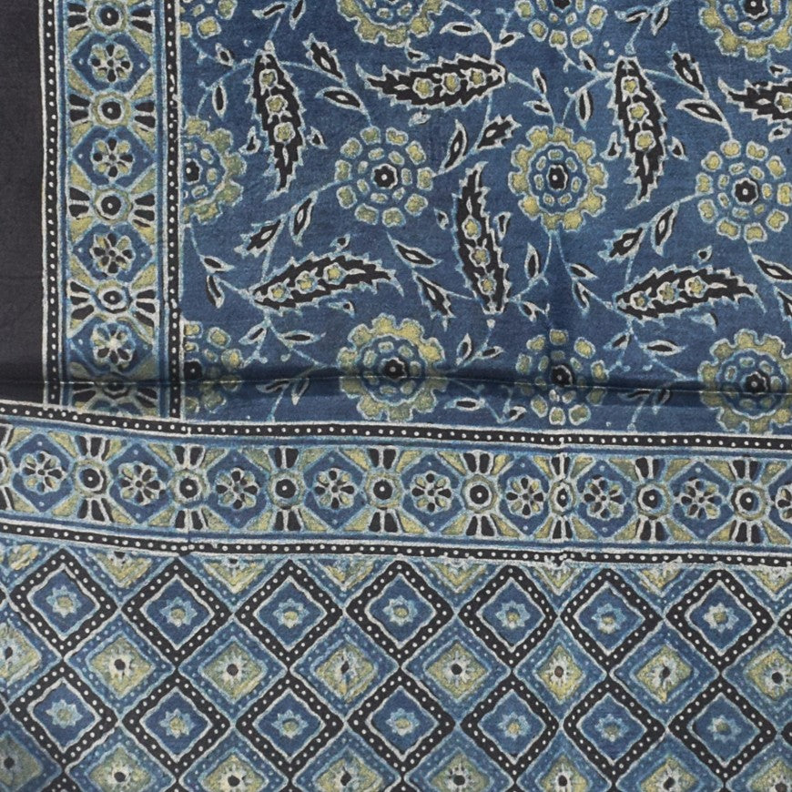 Ajrakh Mashru Silk Natural Dye Hand Block Print Stole With Tassels - 2 Mtr Length    -  SKU : AI21702A