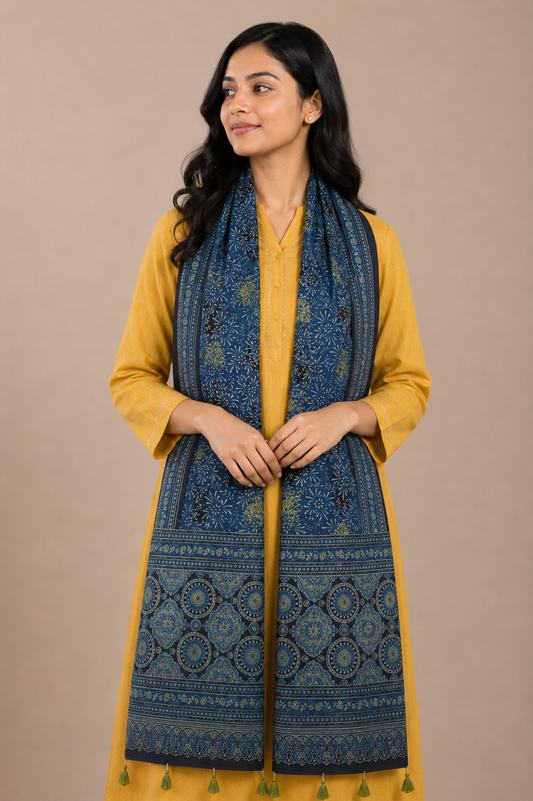 Ajrakh Mashru Silk Natural Dye Hand Block Print Stole With Tassels - 2 Mtr Length    -  SKU : AI21702M