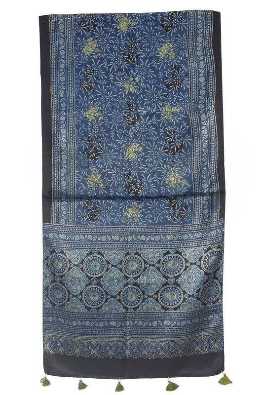 Ajrakh Mashru Silk Natural Dye Hand Block Print Stole With Tassels - 2 Mtr Length    -  SKU : AI21702M