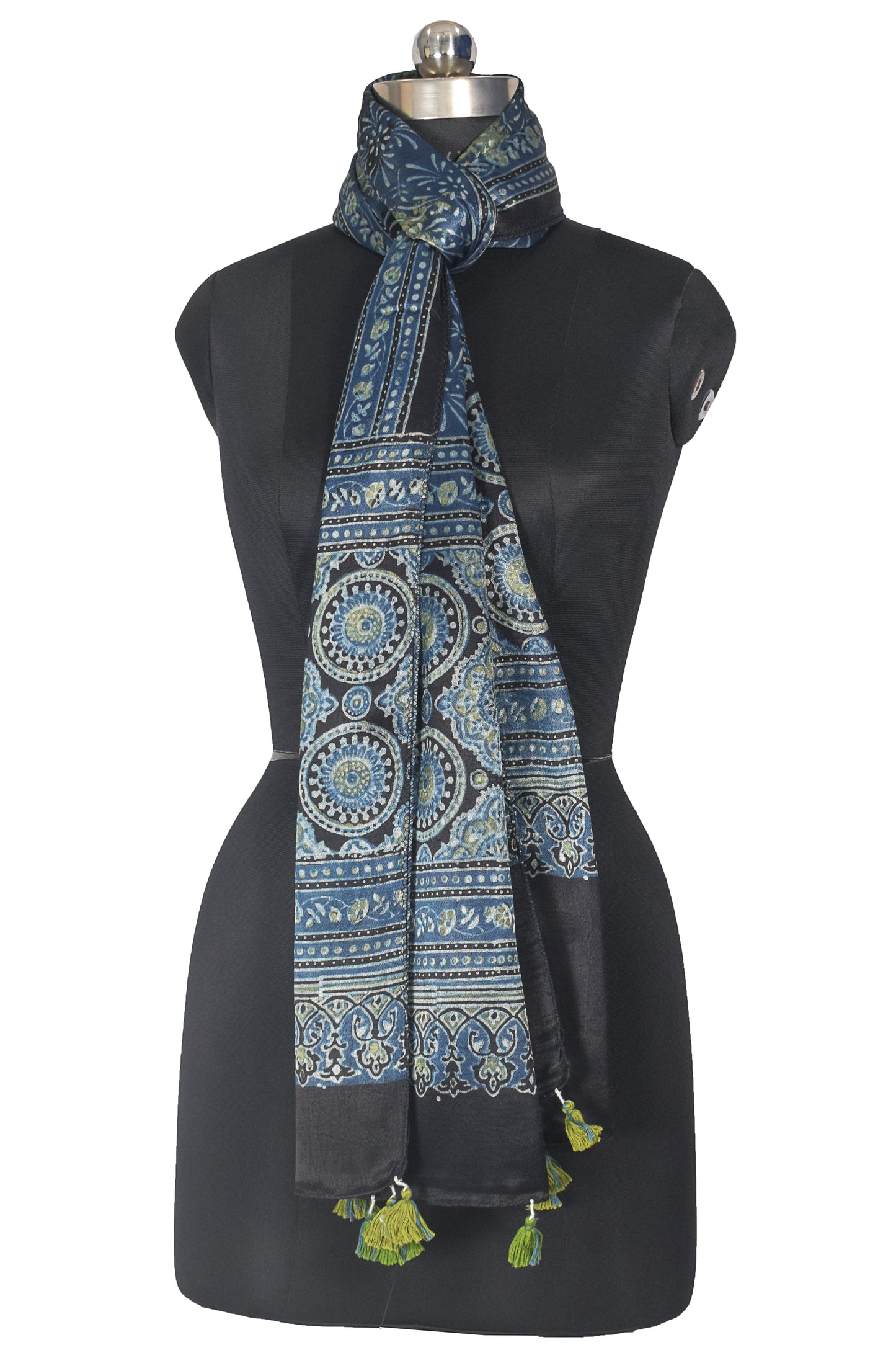 Ajrakh Mashru Silk Natural Dye Hand Block Print Stole With Tassels - 2 Mtr Length    -  SKU : AI21702M