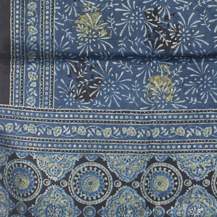 Ajrakh Mashru Silk Natural Dye Hand Block Print Stole With Tassels - 2 Mtr Length    -  SKU : AI21702M