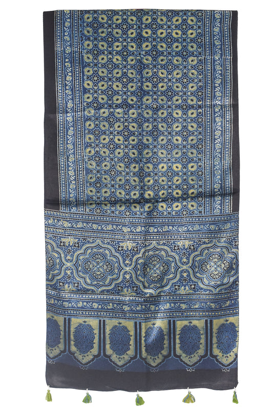 Ajrakh Mashru Silk Natural Dye Hand Block Print Stole With Tassels - 2 Mtr Length    -  SKU : AI21702Q