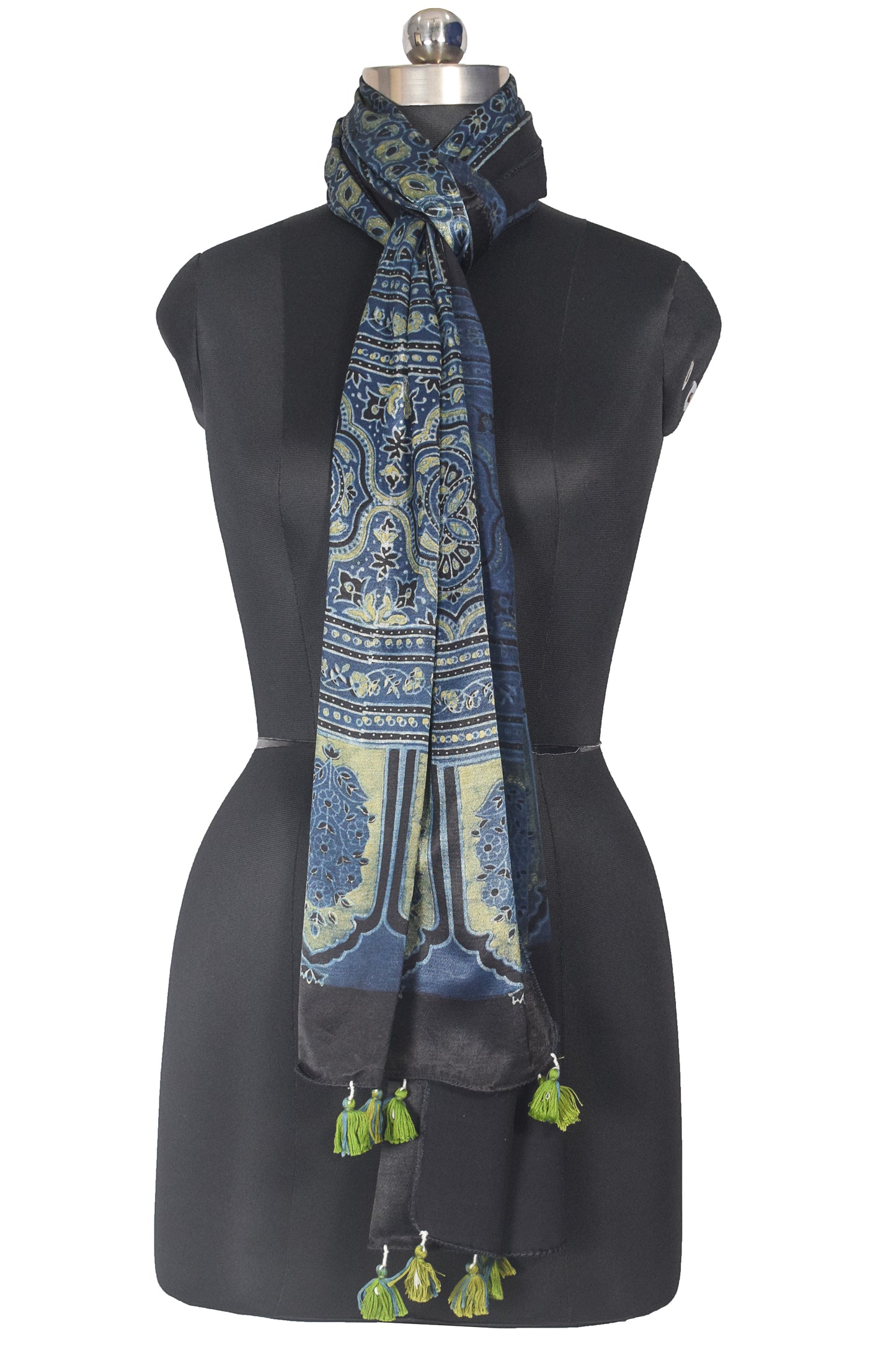 Ajrakh Mashru Silk Natural Dye Hand Block Print Stole With Tassels - 2 Mtr Length    -  SKU : AI21702Q