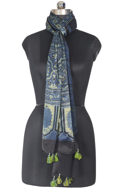 Ajrakh Mashru Silk Natural Dye Hand Block Print Stole With Tassels - 2 Mtr Length    -  SKU : AI21702Q