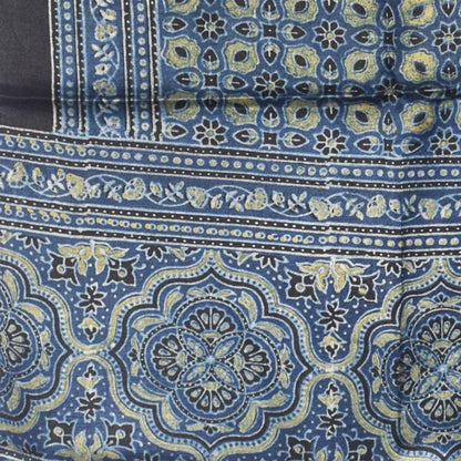 Ajrakh Mashru Silk Natural Dye Hand Block Print Stole With Tassels - 2 Mtr Length    -  SKU : AI21702Q