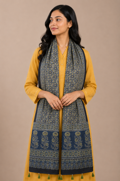 Ajrakh Mashru Silk Natural Dye Hand Block Print Stole With Tassels - 2 Mtr Length    -  SKU : AI21702Y