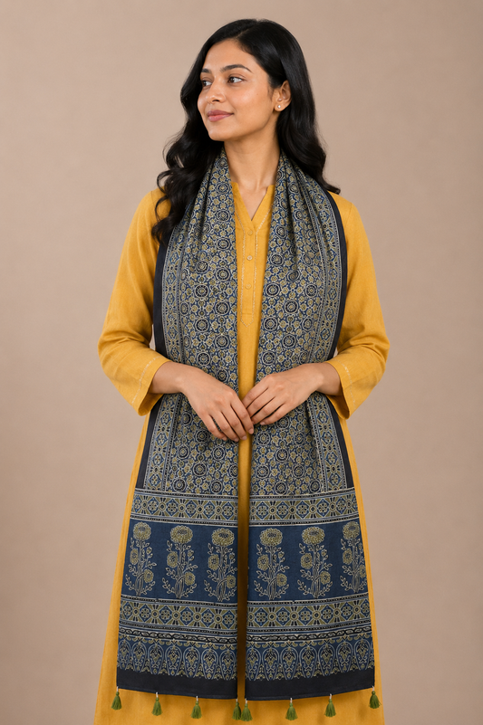 Ajrakh Mashru Silk Natural Dye Hand Block Print Stole With Tassels - 2 Mtr Length    -  SKU : AI21702Y