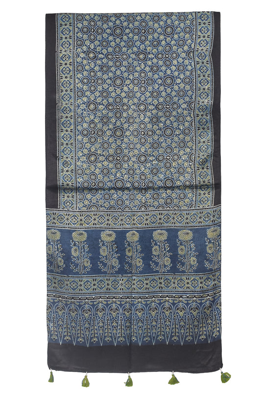 Ajrakh Mashru Silk Natural Dye Hand Block Print Stole With Tassels - 2 Mtr Length - SKU : AI21702Y