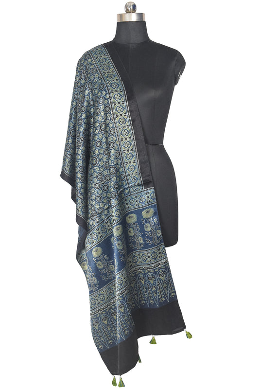 Ajrakh Mashru Silk Natural Dye Hand Block Print Stole With Tassels - 2 Mtr Length    -  SKU : AI21702Y
