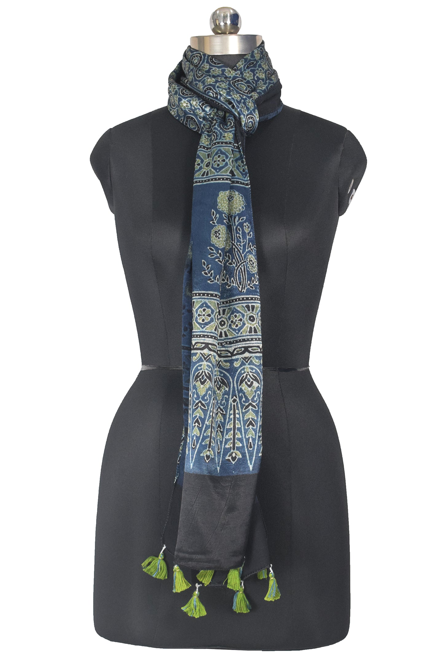 Ajrakh Mashru Silk Natural Dye Hand Block Print Stole With Tassels - 2 Mtr Length    -  SKU : AI21702Y