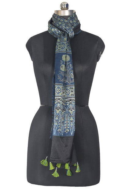 Ajrakh Mashru Silk Natural Dye Hand Block Print Stole With Tassels - 2 Mtr Length    -  SKU : AI21702Y