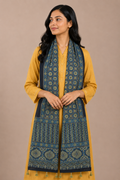 Ajrakh Mashru Silk Natural Dye Hand Block Print Stole With Tassels - 2 Mtr Length    -  SKU : MS10B0AJ