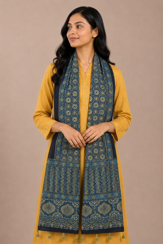 Ajrakh Mashru Silk Natural Dye Hand Block Print Stole With Tassels - 2 Mtr Length    -  SKU : MS10B0AJ