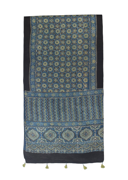 Ajrakh Mashru Silk Natural Dye Hand Block Print Stole With Tassels - 2 Mtr Length    -  SKU : MS10B0AJ