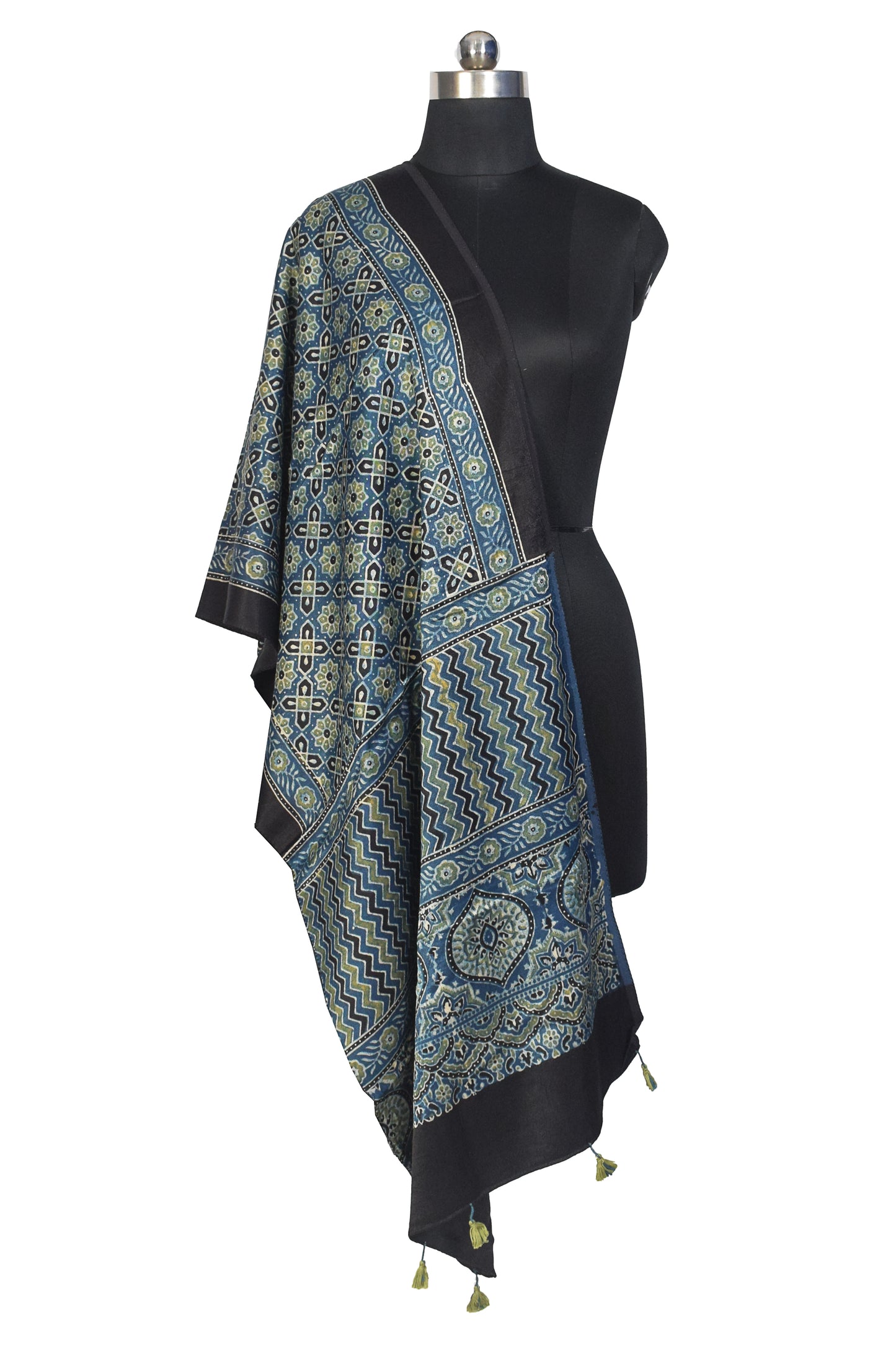 Ajrakh Mashru Silk Natural Dye Hand Block Print Stole With Tassels - 2 Mtr Length    -  SKU : MS10B0AJ