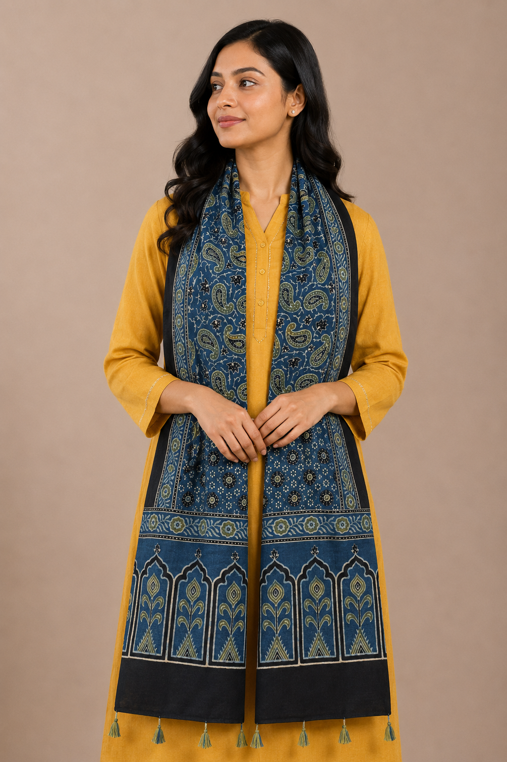 Ajrakh Mashru Silk Natural Dye Hand Block Print Stole With Tassels - 2 Mtr Length    -  SKU : MS10B0AL
