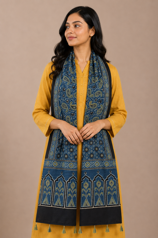 Ajrakh Mashru Silk Natural Dye Hand Block Print Stole With Tassels - 2 Mtr Length    -  SKU : MS10B0AL