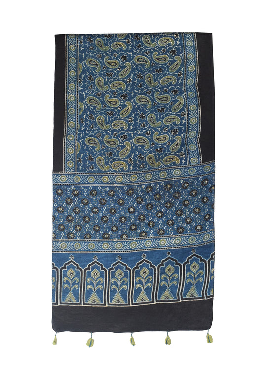 Ajrakh Mashru Silk Natural Dye Hand Block Print Stole With Tassels - 2 Mtr Length - SKU : MS10B0AL