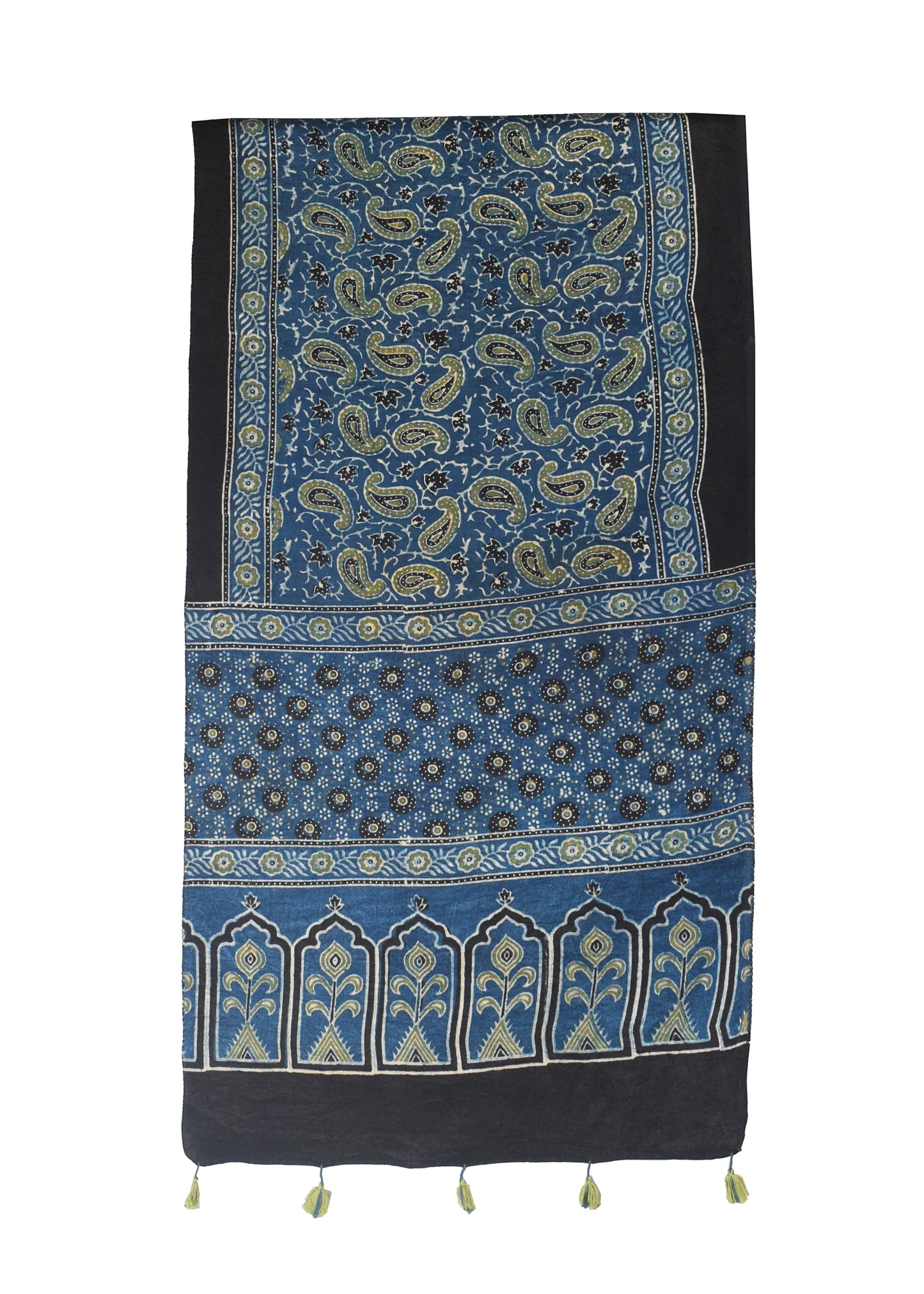 Ajrakh Mashru Silk Natural Dye Hand Block Print Stole With Tassels - 2 Mtr Length    -  SKU : MS10B0AL