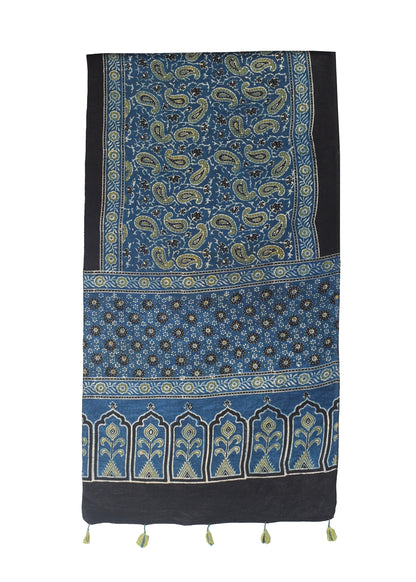 Ajrakh Mashru Silk Natural Dye Hand Block Print Stole With Tassels - 2 Mtr Length    -  SKU : MS10B0AL