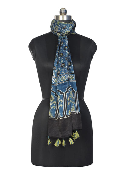 Ajrakh Mashru Silk Natural Dye Hand Block Print Stole With Tassels - 2 Mtr Length    -  SKU : MS10B0AL