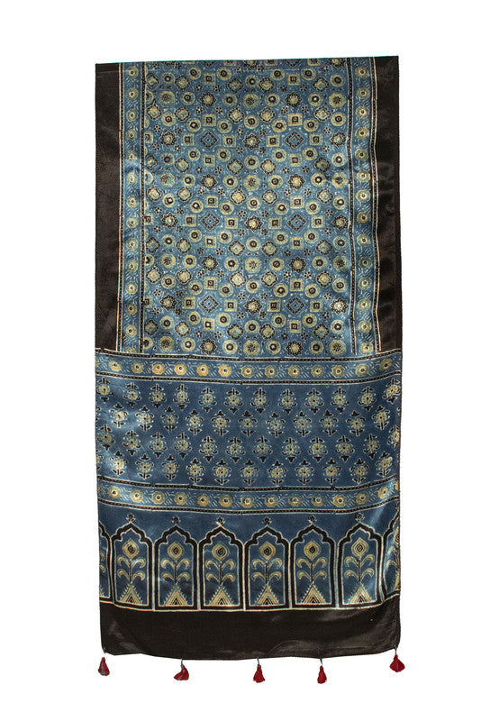 Ajrakh Mashru Silk Natural Dye Hand Block Print Stole With Tassels     -  SKU : MS20602W