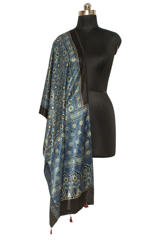 Ajrakh Mashru Silk Natural Dye Hand Block Print Stole With Tassels     -  SKU : MS20602W