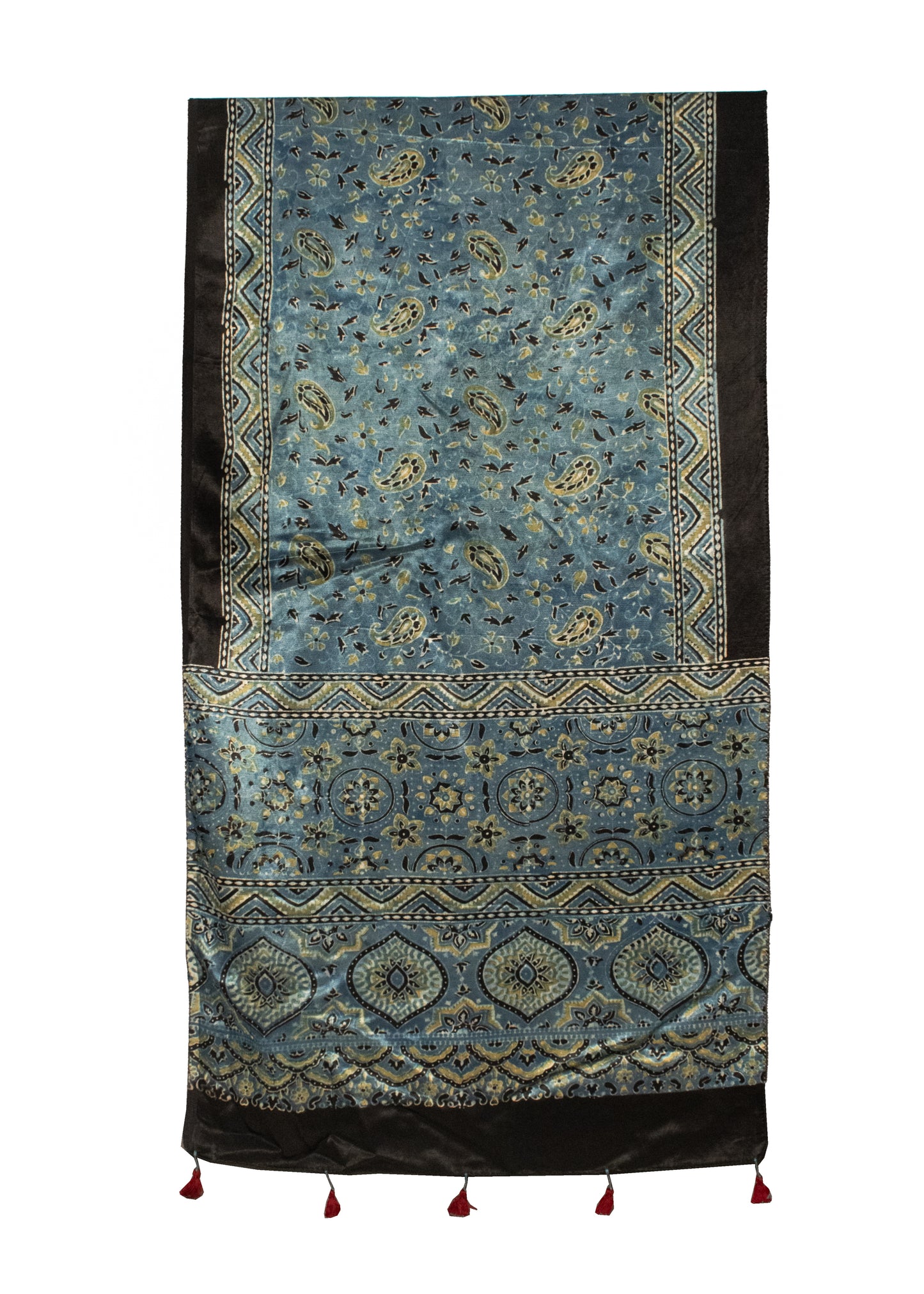 Ajrakh Mashru Silk Natural Dye Hand Block Print Stole With Tassels - 2 Mtr Length    -  SKU : MS20602E