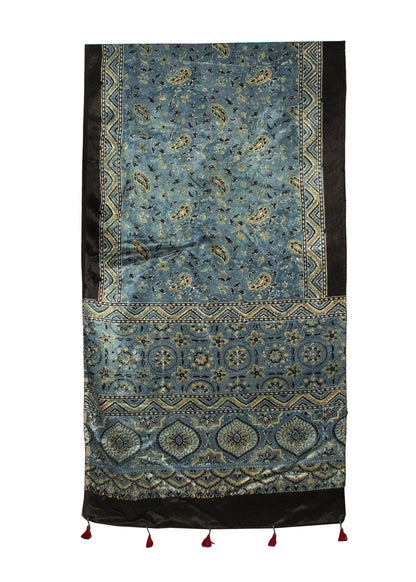 Ajrakh Mashru Silk Natural Dye Hand Block Print Stole With Tassels - 2 Mtr Length    -  SKU : MS20602E