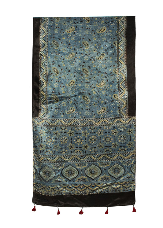 Ajrakh Mashru Silk Natural Dye Hand Block Print Stole With Tassels - 2 Mtr Length    -  SKU : MS20602E