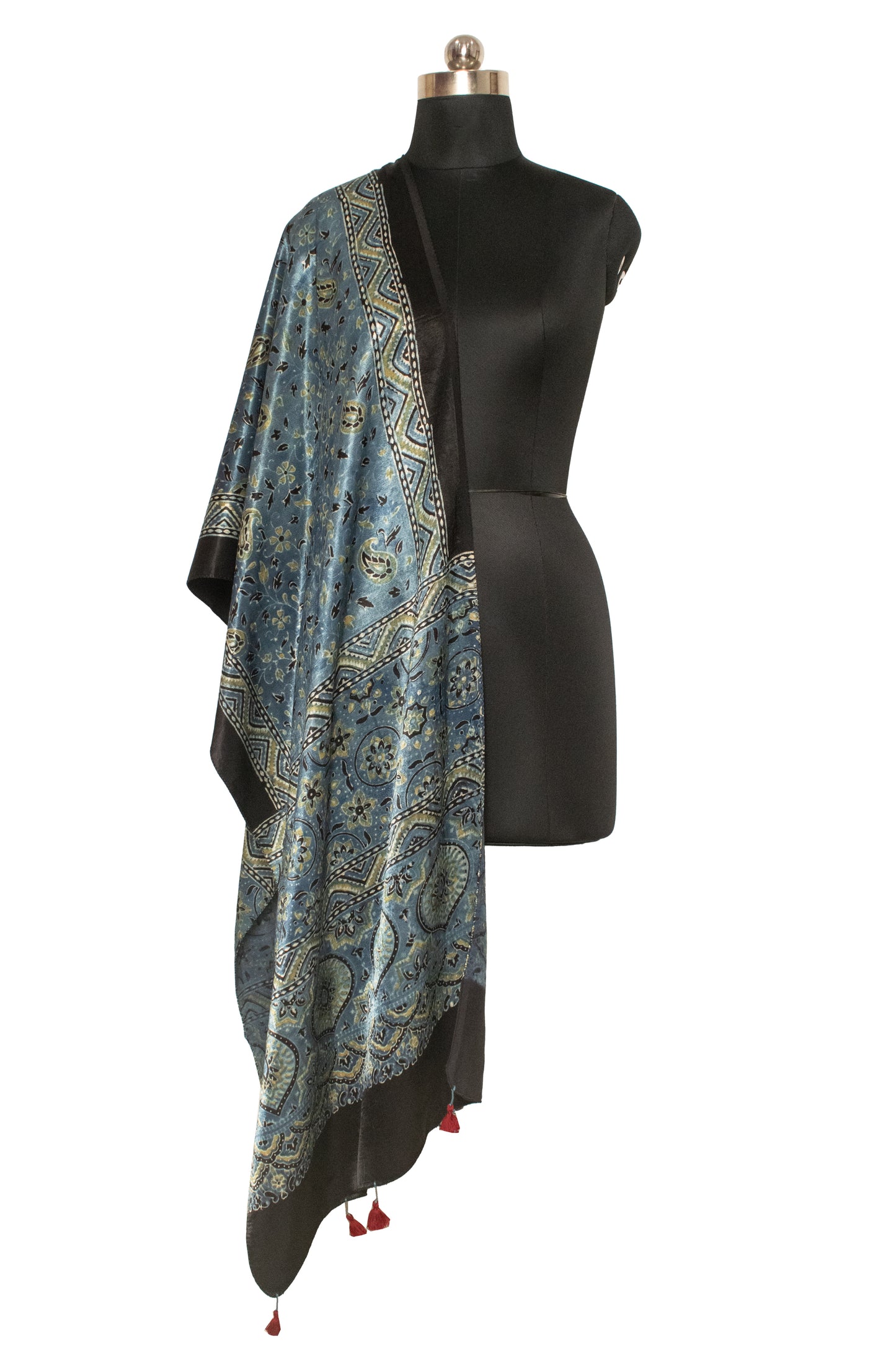 Ajrakh Mashru Silk Natural Dye Hand Block Print Stole With Tassels - 2 Mtr Length    -  SKU : MS20602E