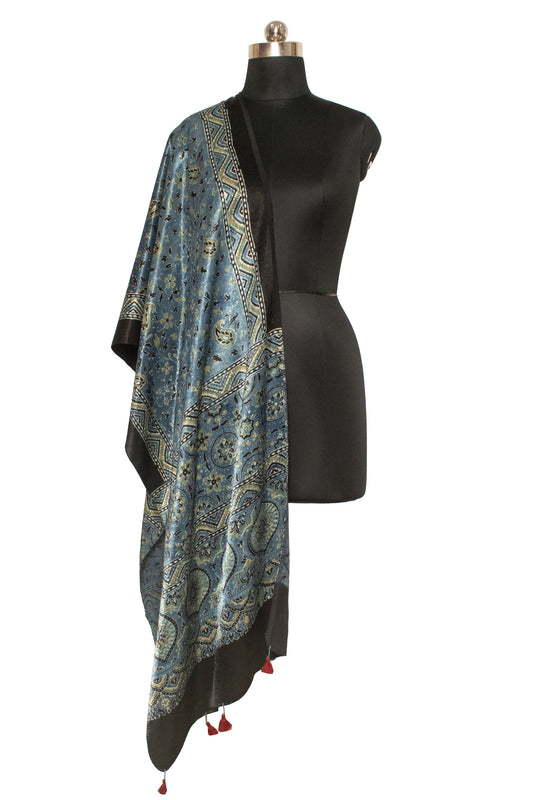 Ajrakh Mashru Silk Natural Dye Hand Block Print Stole With Tassels - 2 Mtr Length    -  SKU : MS20602E