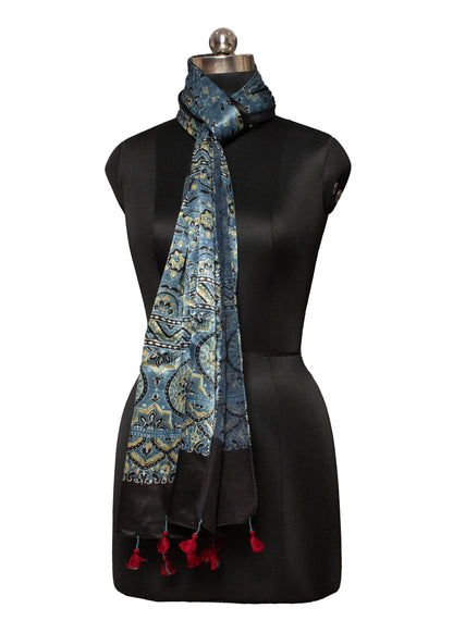 Ajrakh Mashru Silk Natural Dye Hand Block Print Stole With Tassels - 2 Mtr Length    -  SKU : MS20602E
