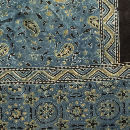 Ajrakh Mashru Silk Natural Dye Hand Block Print Stole With Tassels - 2 Mtr Length    -  SKU : MS20602E