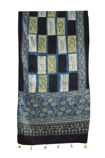 Ajrakh Mashru Silk Natural Dye Hand Block Print Stole With Tassels     -  SKU : RD26201H