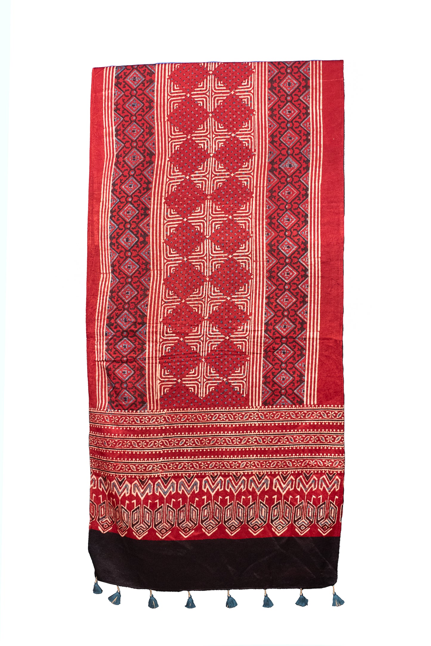 Ajrakh Mashru Silk Natural Dye Hand Block Print Stole With Tassels - 2 Mtr Length    -  SKU : MS10901A