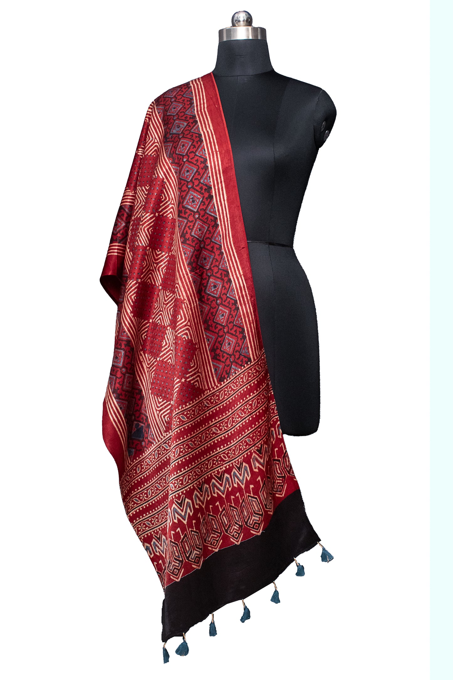 Ajrakh Mashru Silk Natural Dye Hand Block Print Stole With Tassels - 2 Mtr Length    -  SKU : MS10901A