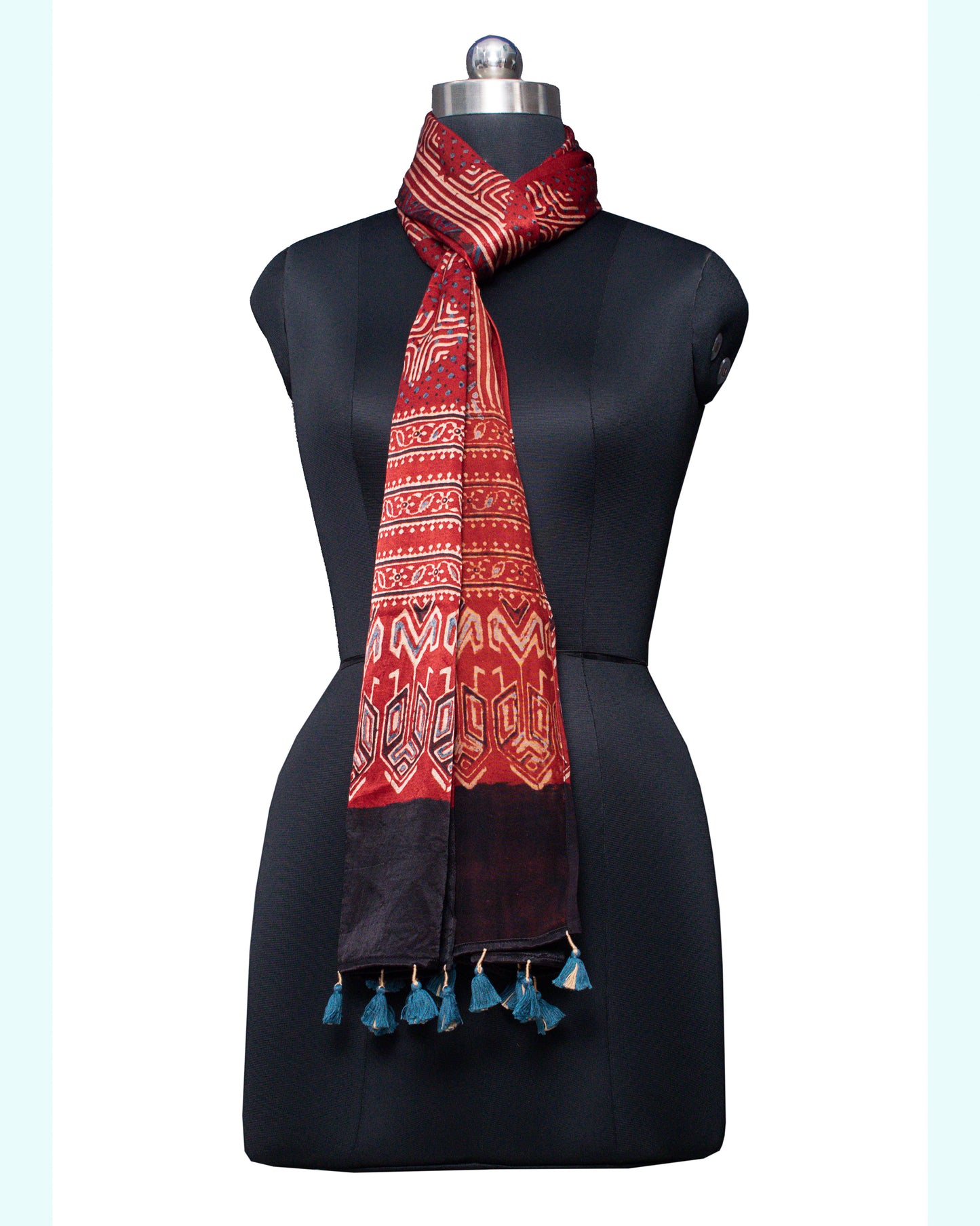 Ajrakh Mashru Silk Natural Dye Hand Block Print Stole With Tassels - 2 Mtr Length    -  SKU : MS10901A