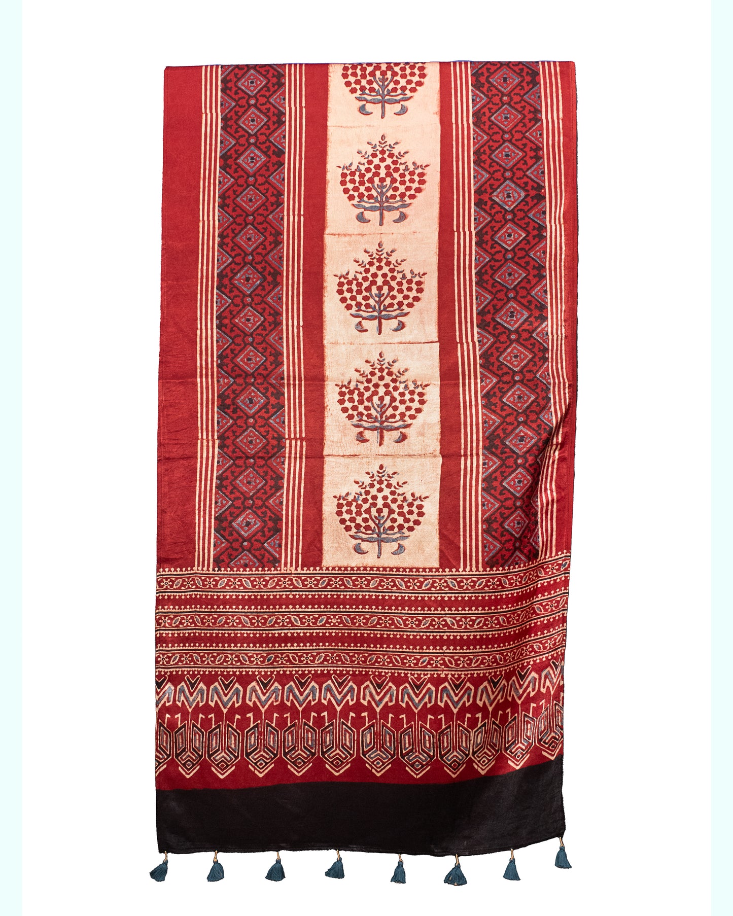 Ajrakh Mashru Silk Natural Dye Hand Block Print Stole With Tassels - 2 Mtr Length    -  SKU : MS10901B