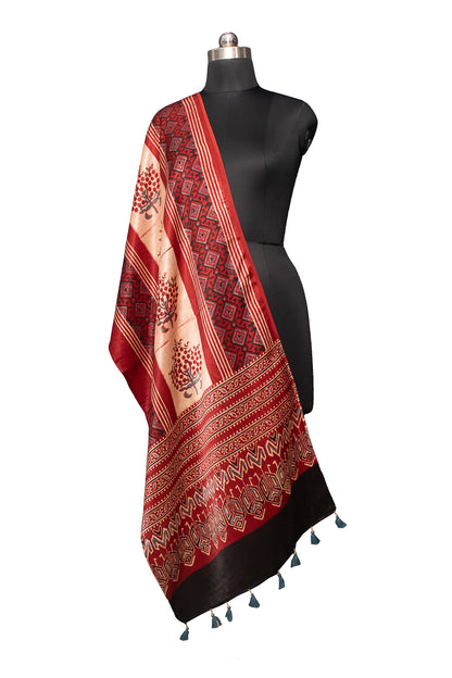 Ajrakh Mashru Silk Natural Dye Hand Block Print Stole With Tassels - 2 Mtr Length    -  SKU : MS10901B