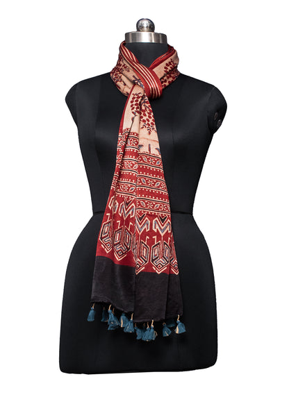 Ajrakh Mashru Silk Natural Dye Hand Block Print Stole With Tassels - 2 Mtr Length    -  SKU : MS10901B