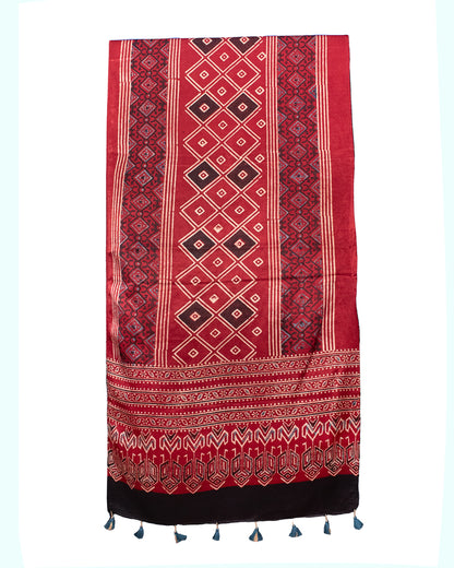 Ajrakh Mashru Silk Natural Dye Hand Block Print Stole With Tassels - 2 Mtr Length    -  SKU : MS10901C