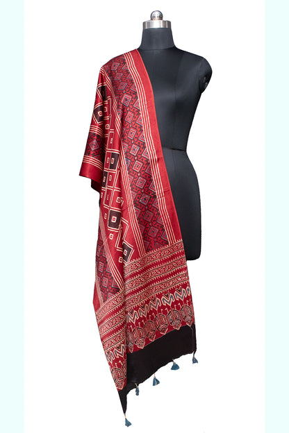 Ajrakh Mashru Silk Natural Dye Hand Block Print Stole With Tassels - 2 Mtr Length    -  SKU : MS10901C