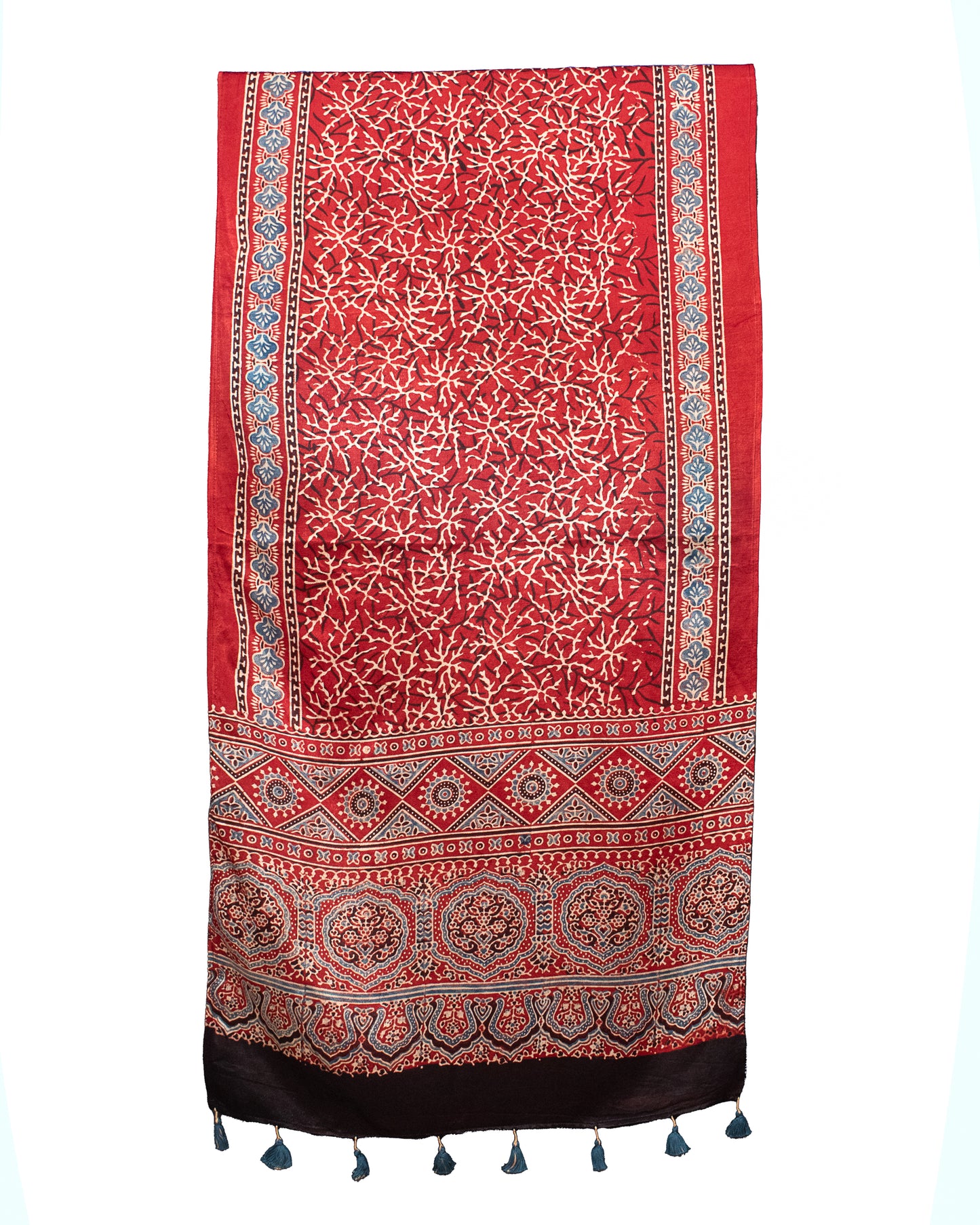 Ajrakh Mashru Silk Natural Dye Hand Block Print Stole With Tassels - 2 Mtr Length    -  SKU : MS10901D