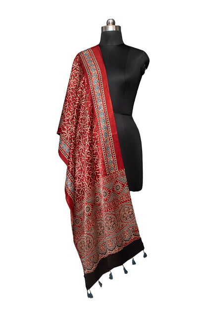 Ajrakh Mashru Silk Natural Dye Hand Block Print Stole With Tassels - 2 Mtr Length    -  SKU : MS10901D