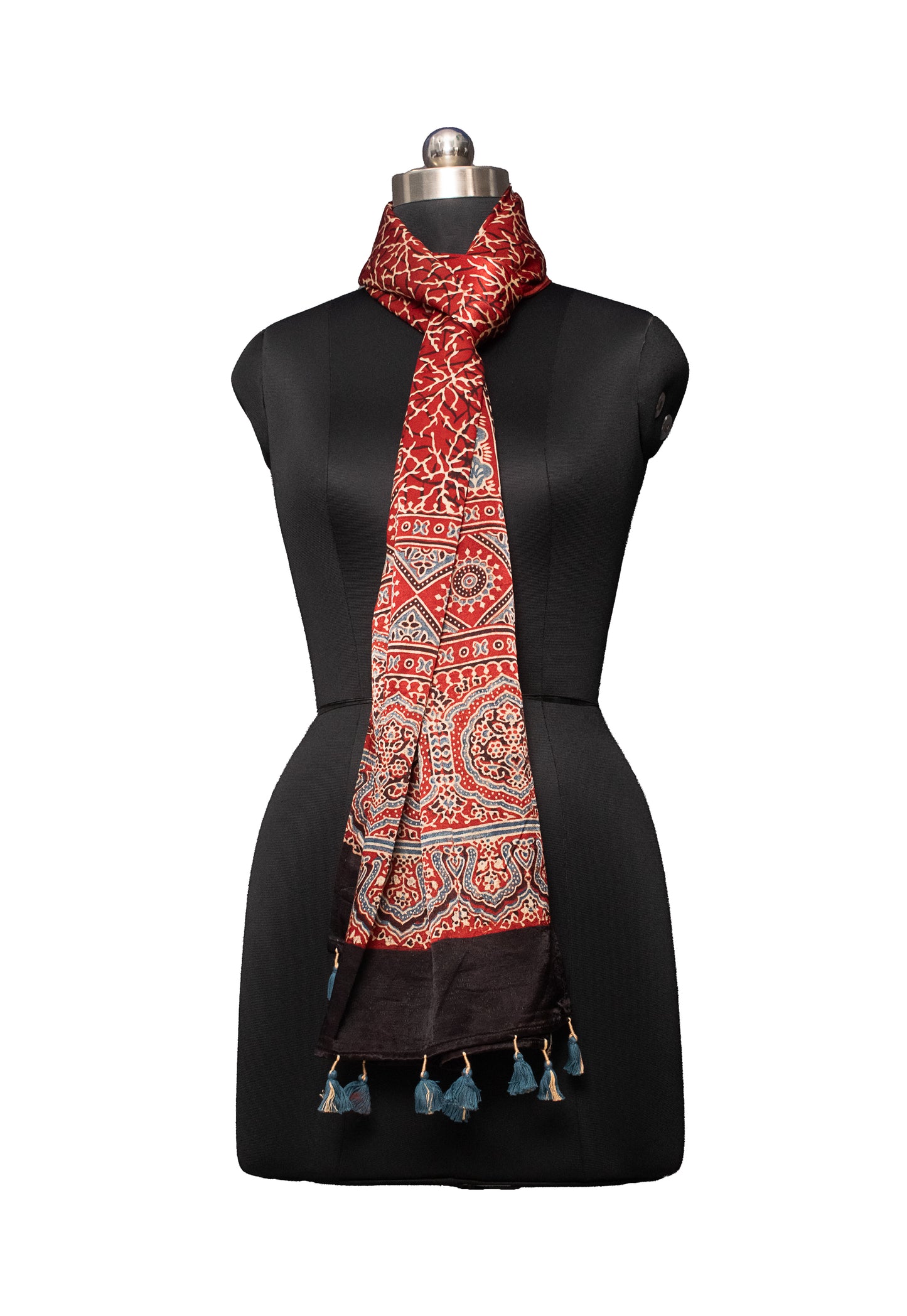 Ajrakh Mashru Silk Natural Dye Hand Block Print Stole With Tassels - 2 Mtr Length    -  SKU : MS10901D