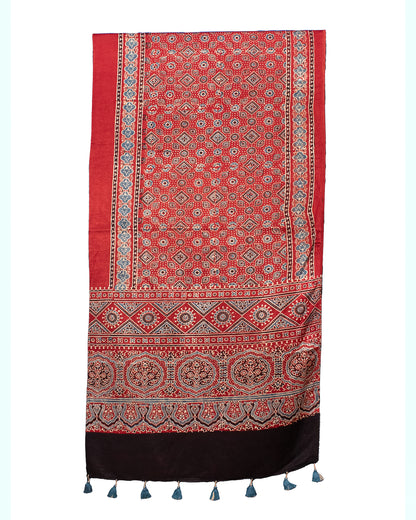 Ajrakh Mashru Silk Natural Dye Hand Block Print Stole With Tassels - 2 Mtr Length    -  SKU : MS10901E